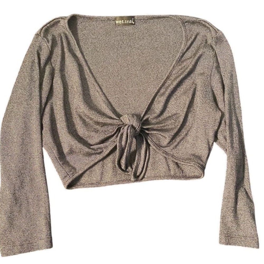 Wet Seal Vintage 90s Y2K Metallic Cropped Cardigan Tie Front Gray Women's M